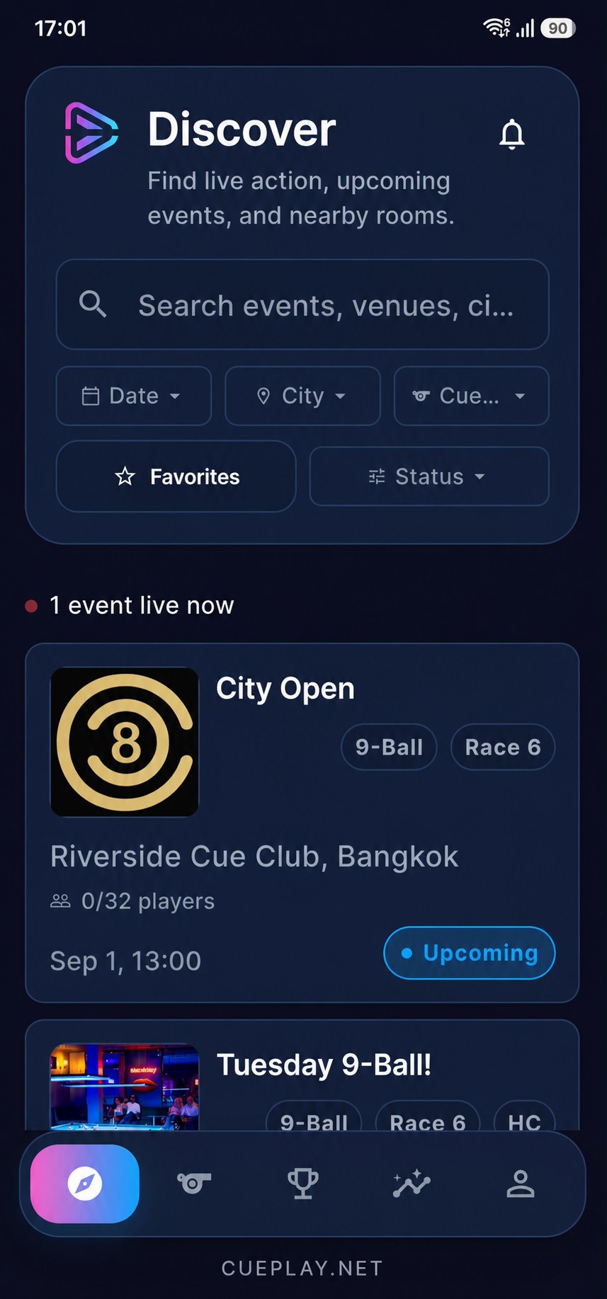 CUE PLAY discover screen