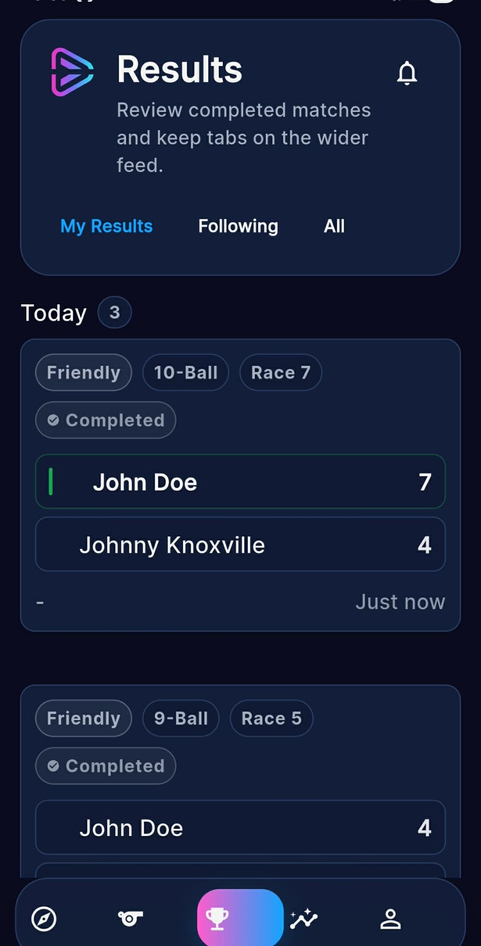 CUE PLAY Results screen