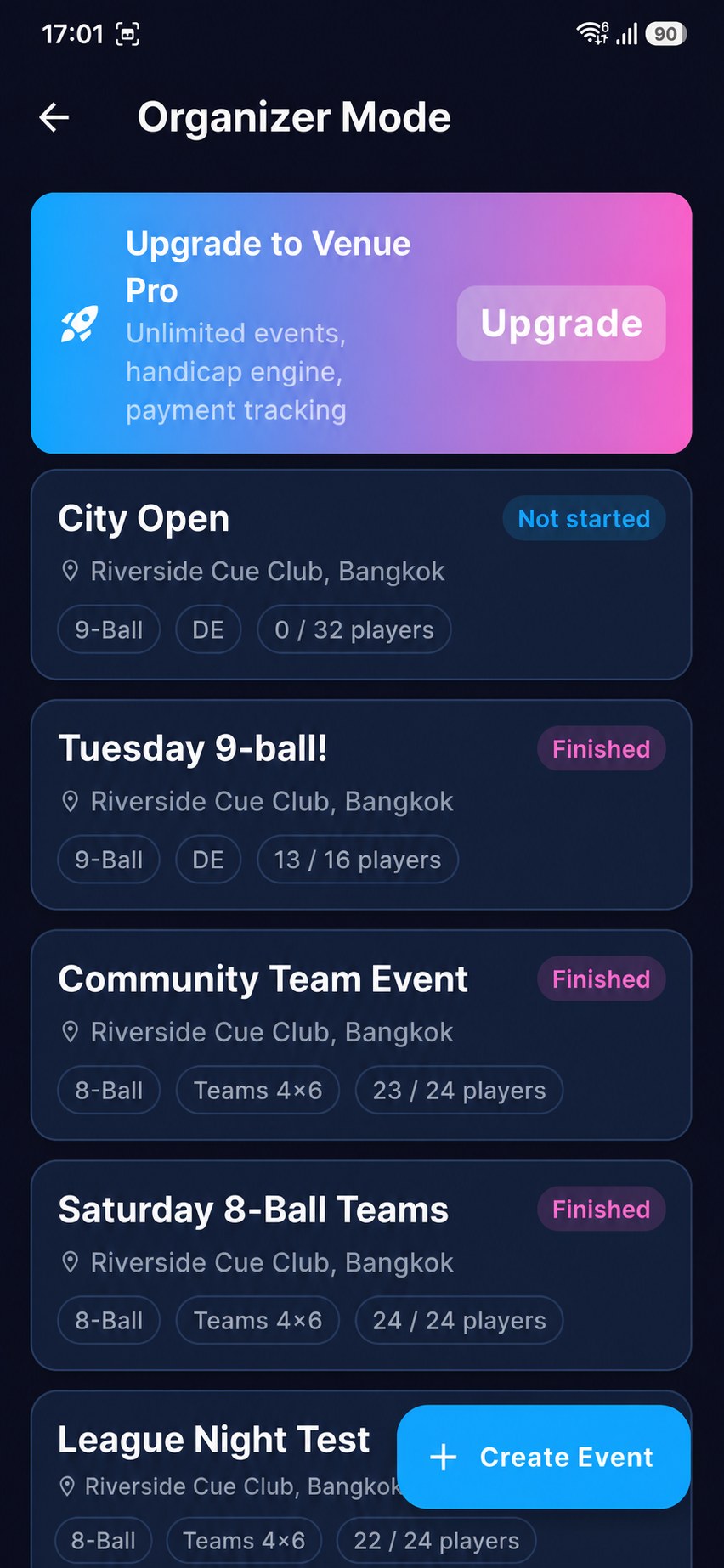 CUE PLAY Organizer Mode showing the upgrade banner and event list